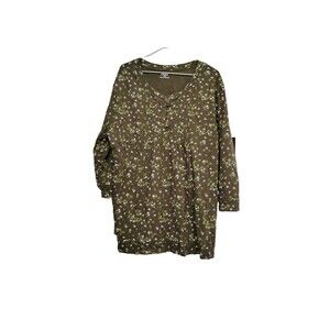 American Sweetheart 4X Top Shirt Green Floral 3/4 Sleeves Comfortable Casual